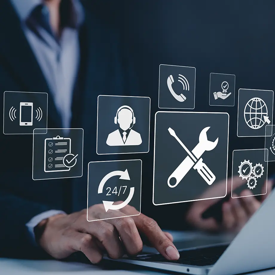 Business professional using touchscreen interface with icons for AV support, 24/7 service, remote assistance, and maintenance tools